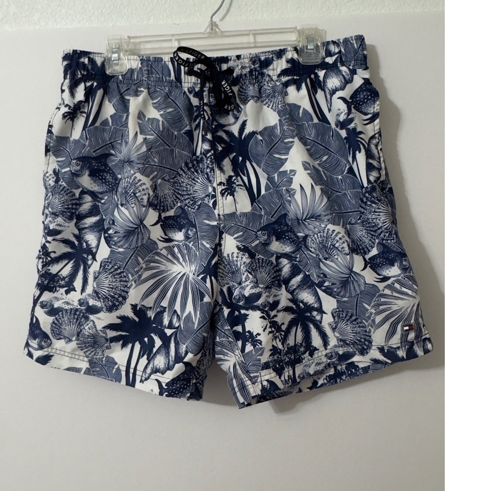Tommy Hilfiger Swim Trunks Mens Large Blue White Tropical Board Shorts Nautical